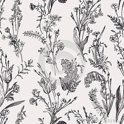 Seamless botanical pattern. Black and white Vector Illustration