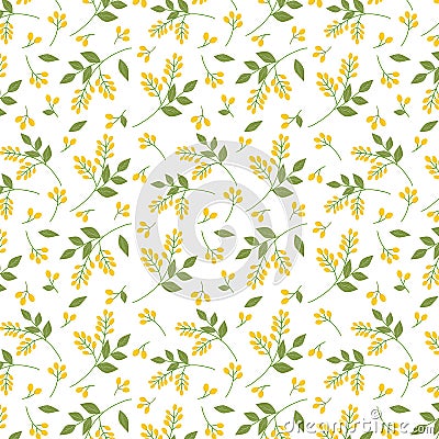 Seamless botanical pattern yellow seaberries green twigs leaves allover print on white background, fabric, tapestry, wallpaper, gi Stock Photo