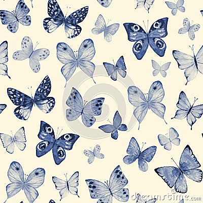 Seamless botanical summer pattern with indigo blue watercolor butterflies Stock Photo