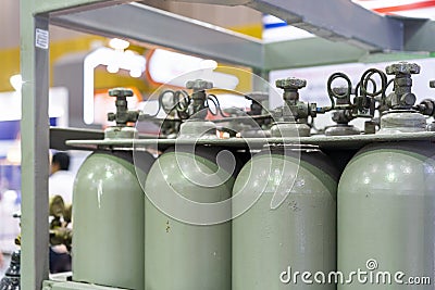 Seamless bottle group for storage oxygen argon nitrogen gas and other for industrial such as welding cutting manufacturing process Stock Photo