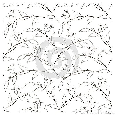 Seamless branch, leafs, dog-rose monochrome pattern Vector Illustration