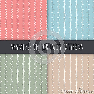 Seamless branch vector patterns. White vertical twigs with leaves on pink blue green beige background. Hand drawn ornament set Vector Illustration