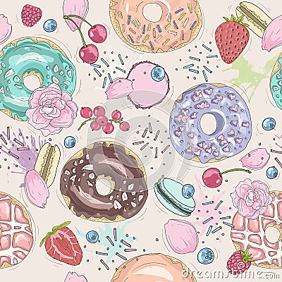 Seamless breakfast pattern with flowers, donuts, fruits. Vector Illustration