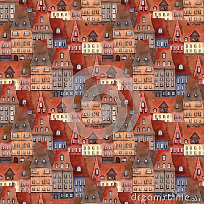 Seamless brick houses pattern, Watercolor architecture background with town, city, roof tiles for wrapping paper, kids wallpaper, Stock Photo