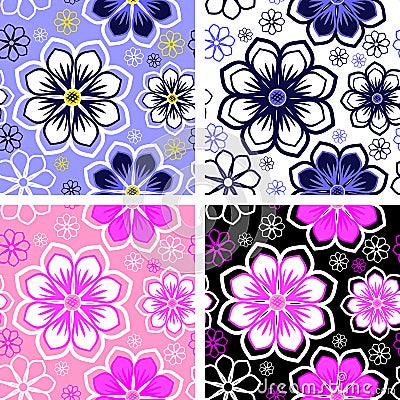 Seamless bright abstract Pattern with Flowers in four Variants Vector Illustration