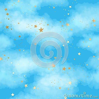 Seamless bright blue night sky pattern with gold foil constellations, stars and watercolor clouds Vector Illustration