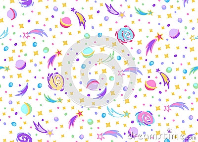 Seamless bright doodle space fabric textile pattern with planets, stars, galaxies on white background in kids design. Stock Photo