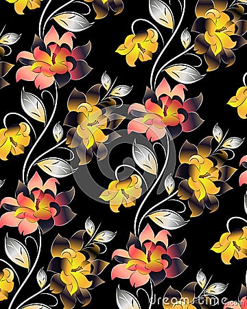 Seamless bright floral pattern on dark background Vector Illustration