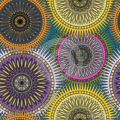 Seamless bright pattern with oriental mandalas. Islam, Arabic, Asian motifs. Kaleidoscope print. Vintage lace mood Vector Illustration