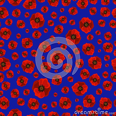 Seamless bright poppies on a blue background Vector Illustration