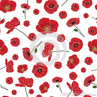 Seamless bright poppy pattern on white background Vector Illustration