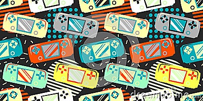 Seamless bright vector pattern with joysticks. Video game controller gaming cool print for boys and girls. Vector Illustration