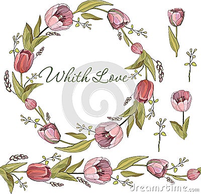 Seamless brush and wreath of Tulip flowers in vector on white background Vector Illustration