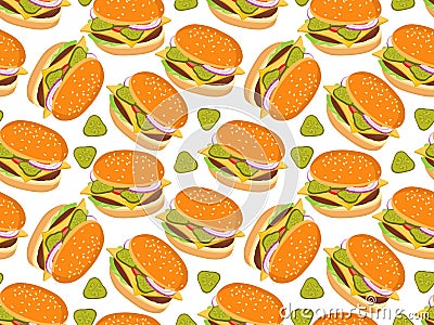 Seamless Burger pattern. Cartoon hamburger and pickled cucumber slice repeated pattern. Fast food print for menu cafe Vector Illustration