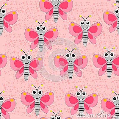 Seamless butterfly pattern on the pink spotted background Vector Illustration