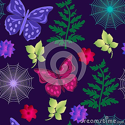 Seamless butterfly pattern, spider webs, branches on purple Vector Illustration