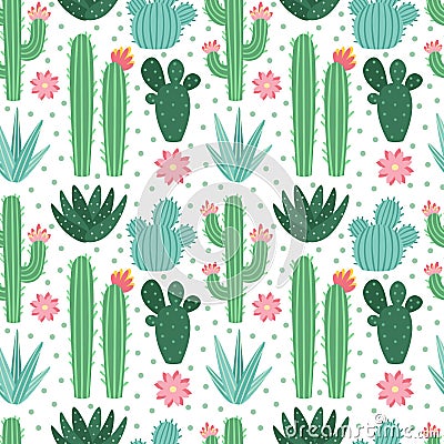 Seamless cactus pattern. Exotic desert cacti houseplants, repeating cactuses vector background Vector Illustration