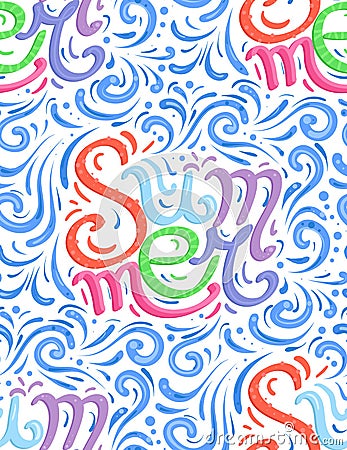 Seamless calligraphic pattern with lettering funny Summer written by hand. Calligraphic colorful inscription. Vector Illustration