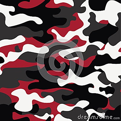 Seamless camouflage pattern background. Classic clothing style masking camo repeat print. Red, white, brown black colors Vector Illustration