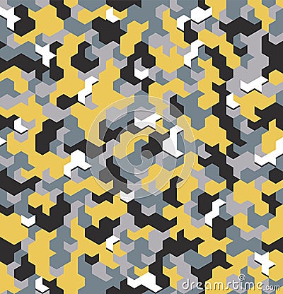 Seamless camouflage in Yellow pattern with displaced element. Polygonal mosaic series for your design. Vector Vector Illustration
