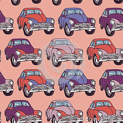 Seamless car pattern. Sketch. Pink, lilac, purple. Vector Illustration