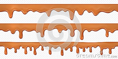 Seamless caramel drips. Realistic 3D toffee flows isolated on white background, melted milk chocolate horizontal splash Vector Illustration