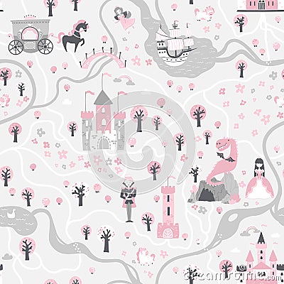 Seamless card pattern with prince and princess, unicorns and fairies, ship, river, castles, towers, dragon cave, carriage. Stock Photo