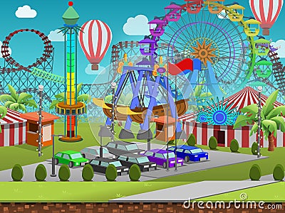 Seamless cartoon amusement park, summer landscape, vector unending background with separated layers. Vector Illustration