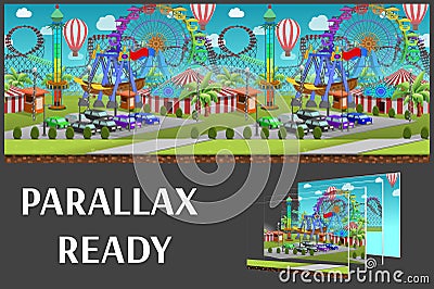 Seamless cartoon amusement park, summer landscape, vector unending background with separated layers. Vector Illustration