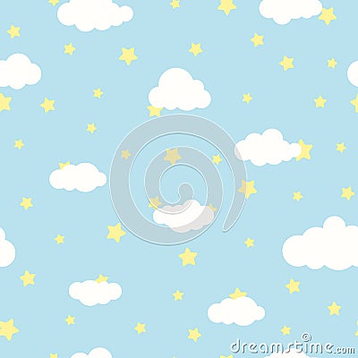 Seamless cartoon background with white clouds and yellow stars on blue sky. Overcast pattern. Vector Cartoon Illustration