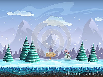 Seamless cartoon background with winter landscape sign snowman and bullfinch Vector Illustration