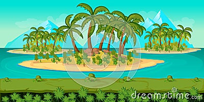 Seamless cartoon beach landscape, vector unending background with separated layers for game. Vector Illustration