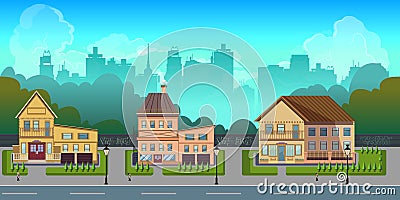 Seamless cartoon city landscape, vector unending background with road, buildings and sky layers Vector Illustration