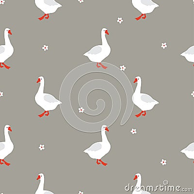 Seamless cartoon geese pattern. Cute goose simple print in flat style. Vector Illustration