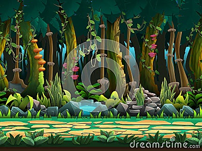 Seamless cartoon jungle landscape, vector unending background with separated layers. Vector Illustration