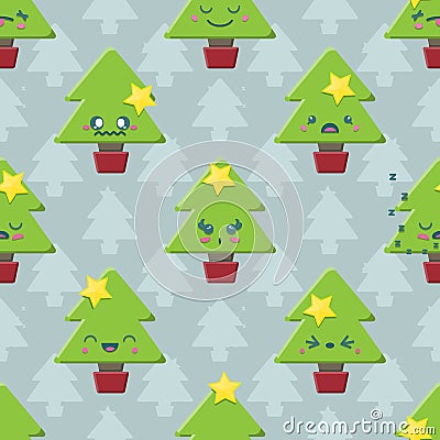 Seamless Cartoon Kawaii Christmas Tree Background Vector Illustration