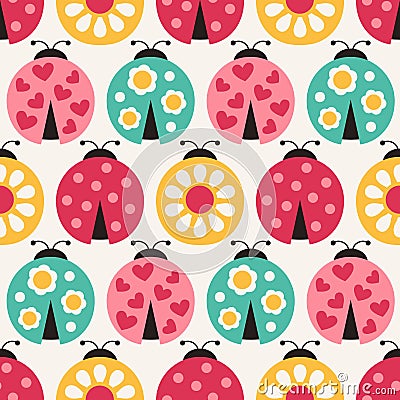 Seamless cartoon ladybug pattern Vector Illustration