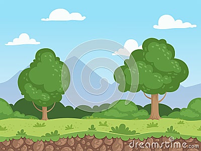 Seamless cartoon landscape. Parallax nature panorama ground with grass trees and rocks vector background Vector Illustration