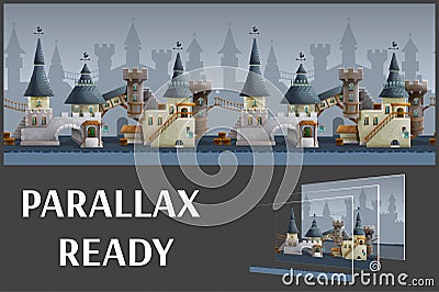 Seamless cartoon medieval city landscape, vector unending background with separated layers. Vector Illustration