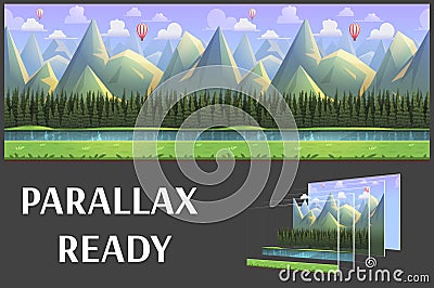 Seamless cartoon mountain natural landscape, vector unending background with separated layers. Vector Illustration