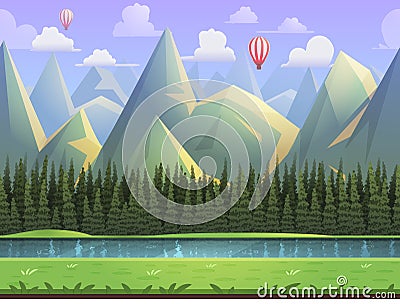Seamless cartoon mountain natural landscape, vector unending background with separated layers. Vector Illustration