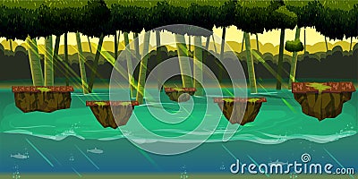 Seamless cartoon nature landscape with different platforms and separated layers for games. Vector Illustration