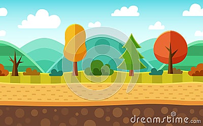 Seamless cartoon nature landscape. Layered ground, grass, trees Vector Illustration