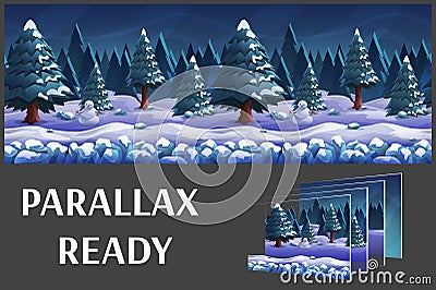 Seamless cartoon nature winter landscape, vector unending background with separated layers. Vector Illustration