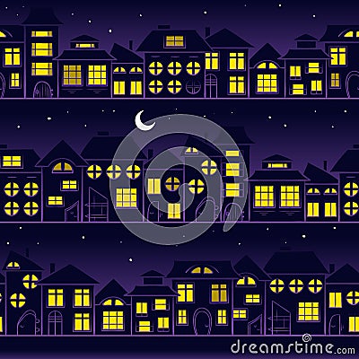 Night city. Evening seamless landscape - houses in town, background Vector Illustration