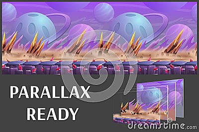 Seamless cartoon outdoor nature landscape of alien planet, vector unending background with separated layers. Vector Illustration