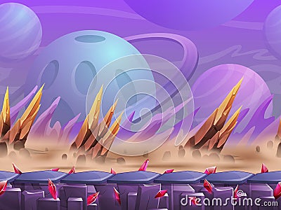 Seamless cartoon outdoor nature landscape of alien planet, vector unending background with separated. Vector Illustration