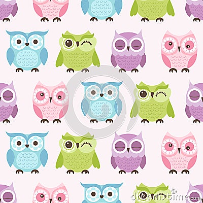 Seamless cartoon owls birds pattern Vector Illustration