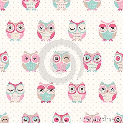 Seamless cartoon owls birds pattern Vector Illustration