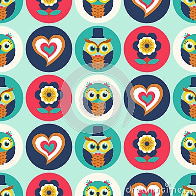 Seamless cartoon owls pattern Vector Illustration